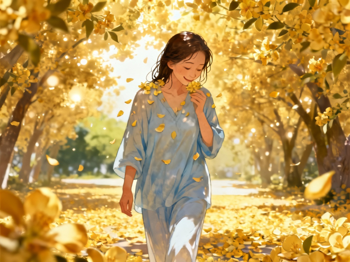 母亲沐浴后走在金色花林荫中