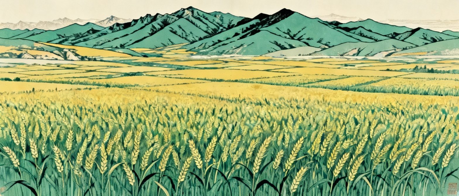 西北高原辽阔景色，黄绿错综的麦田，远山连绵，展现雄壮又略带单调的氛围