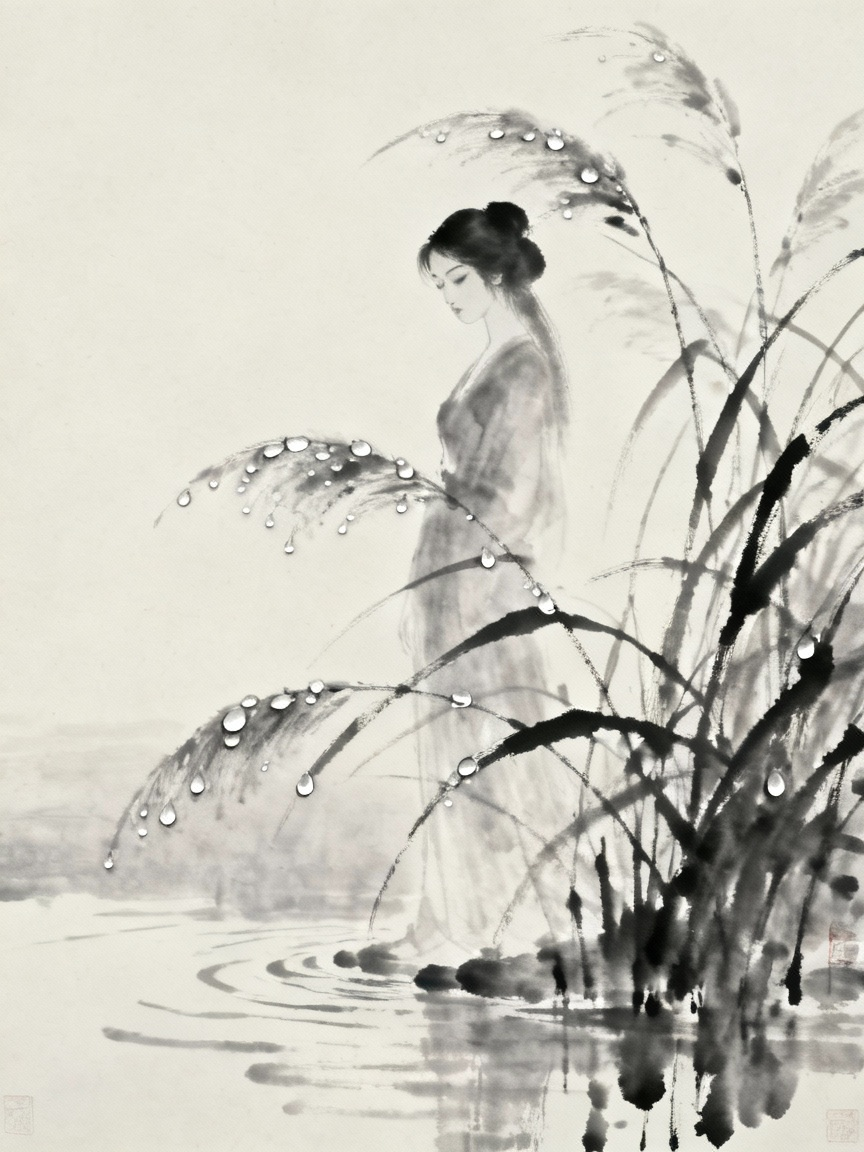 水边美丽女子身影朦胧，芦苇摇曳，白露晶莹，水墨画风格