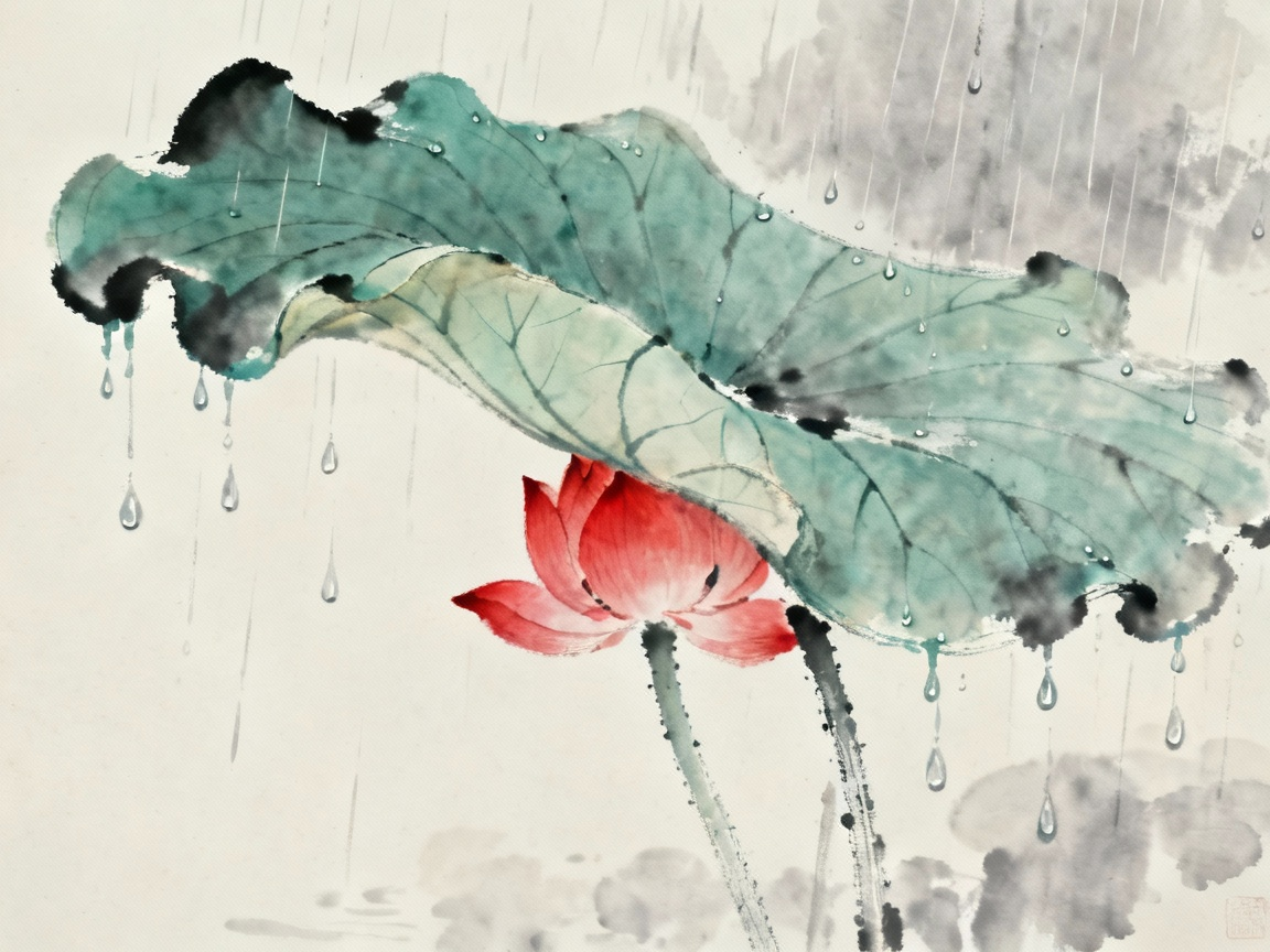 雨中荷叶庇护红莲