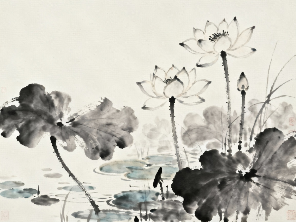 池塘莲花盛开，中国传统水墨画风格，亭亭净植