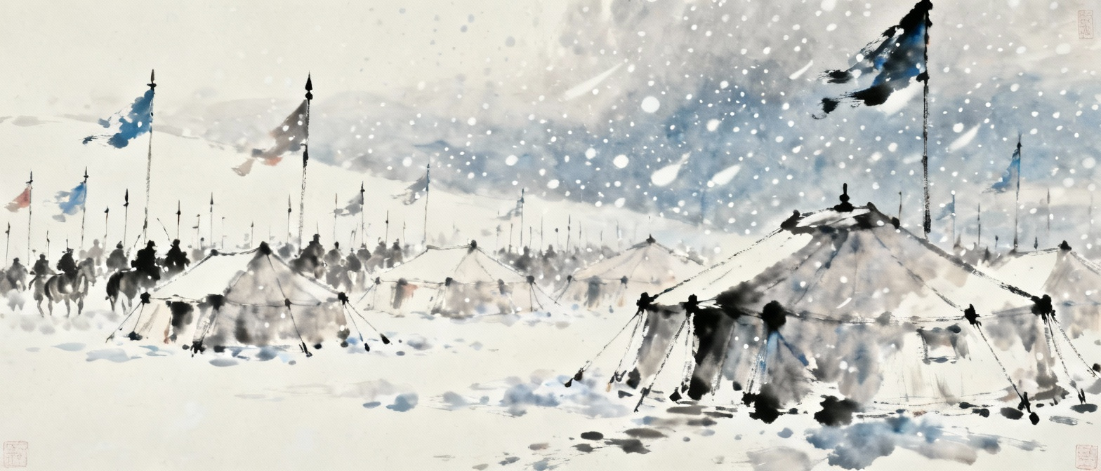 军营中的胡天八月雪景，帐篷和旗帜在雪中飘扬