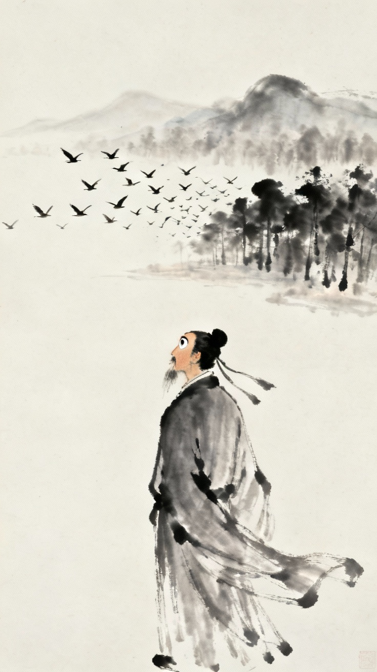 诗人张大眼睛远望飞鸟归林的情景，水墨画风格，意境深远