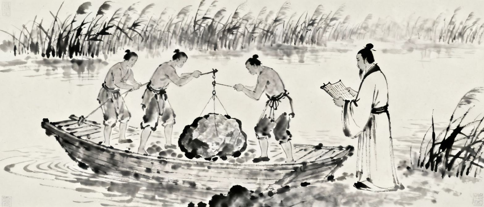 工人们用秤称量船上的石头，曹冲在旁边记录，古代中国场景，水墨画