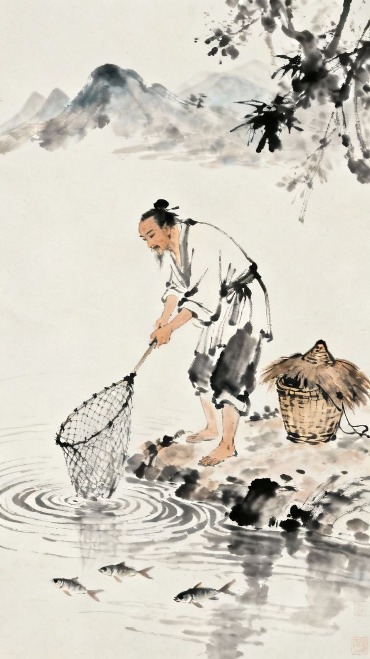 古代渔人在溪边捕鱼的场景