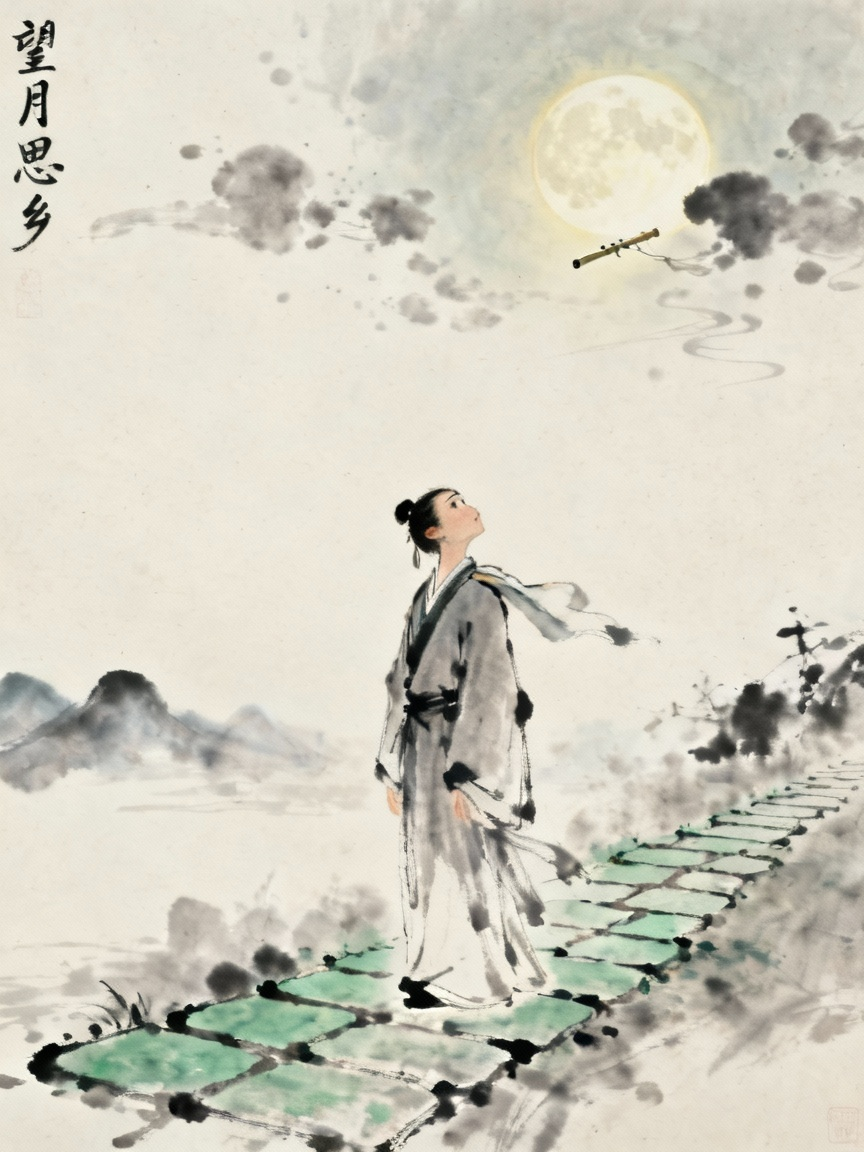 游子在春夜听到笛声后思念故乡的情景，望月思乡