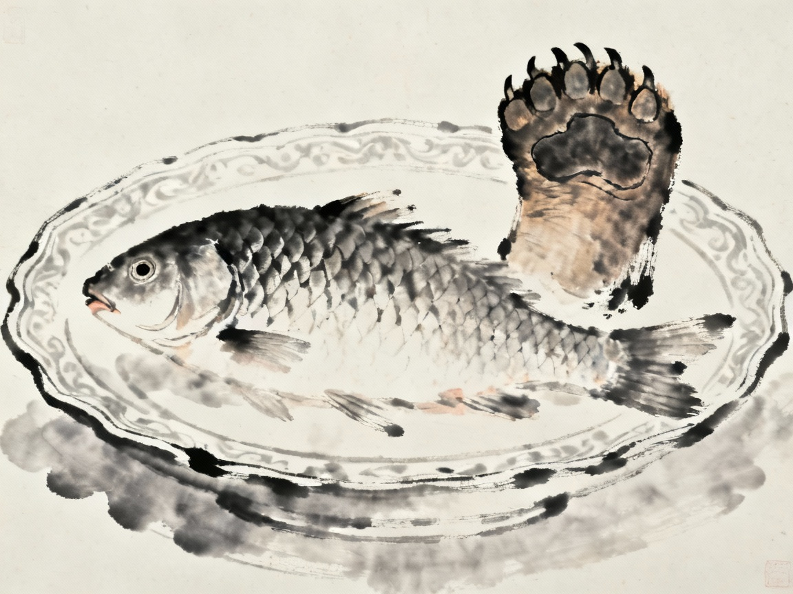 一条鱼和一个熊掌在精美的盘子里