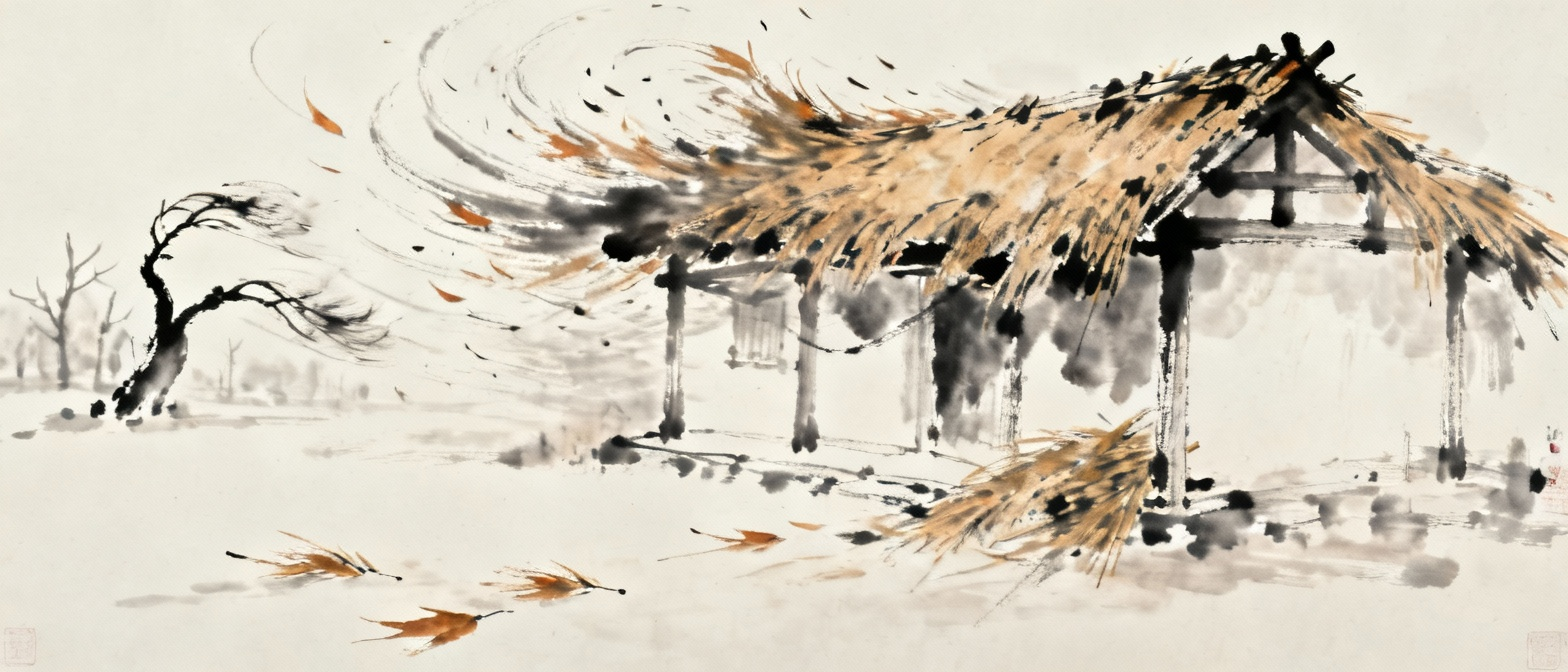 秋风怒号卷走茅草屋顶的场景