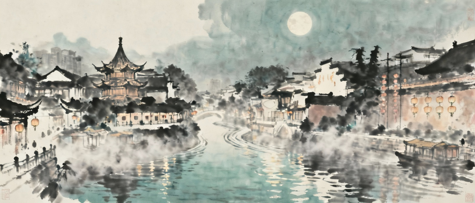 秦淮河全景夜色，烟月朦胧，诗意画面