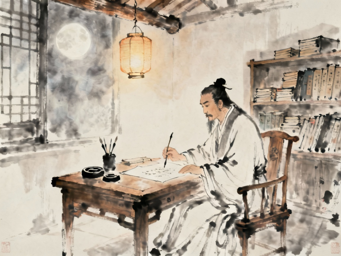 古代书房中点着灯笼读书