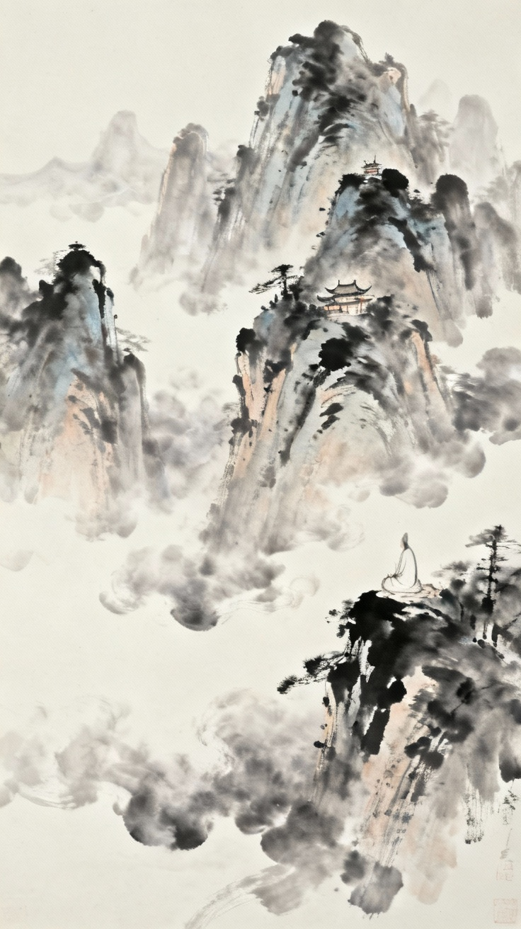 高山峻岭，山峰云雾缭绕，有仙人居住的神秘高山