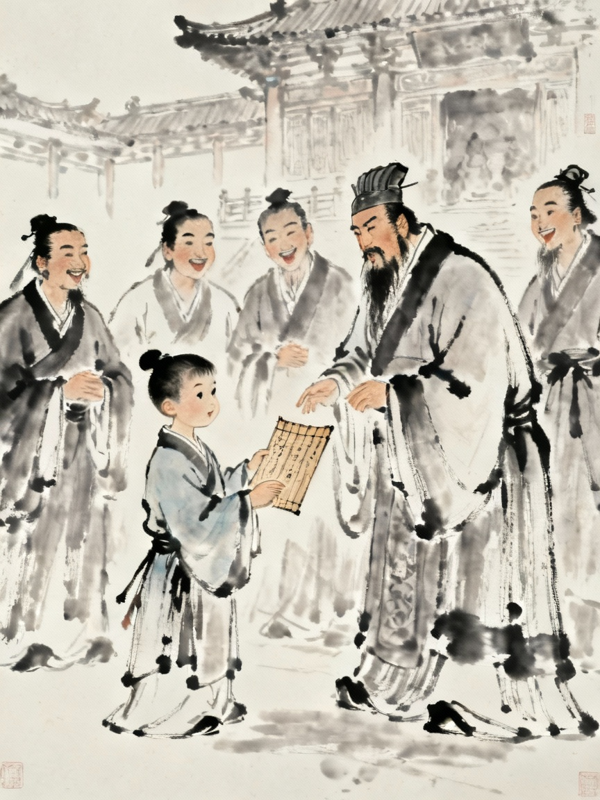 曹冲向曹操展示计算结果，众人称赞，古代宫廷场景，水墨画风格