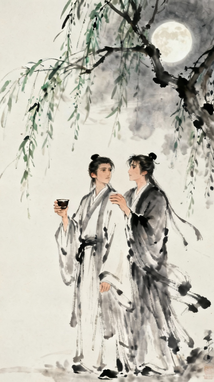 两个古装男子在春夜送别的场景，柳树下，月光朦胧，离别之情