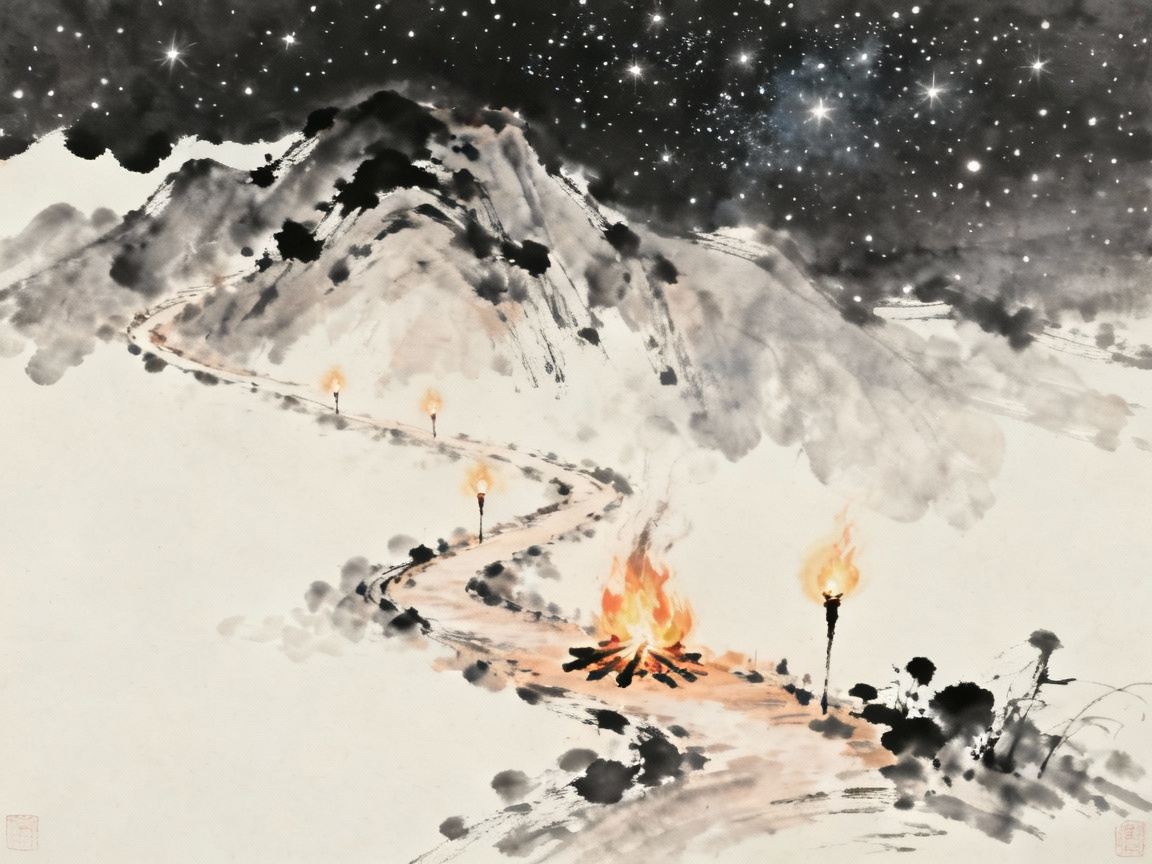 夜晚山路上的篝火和火把