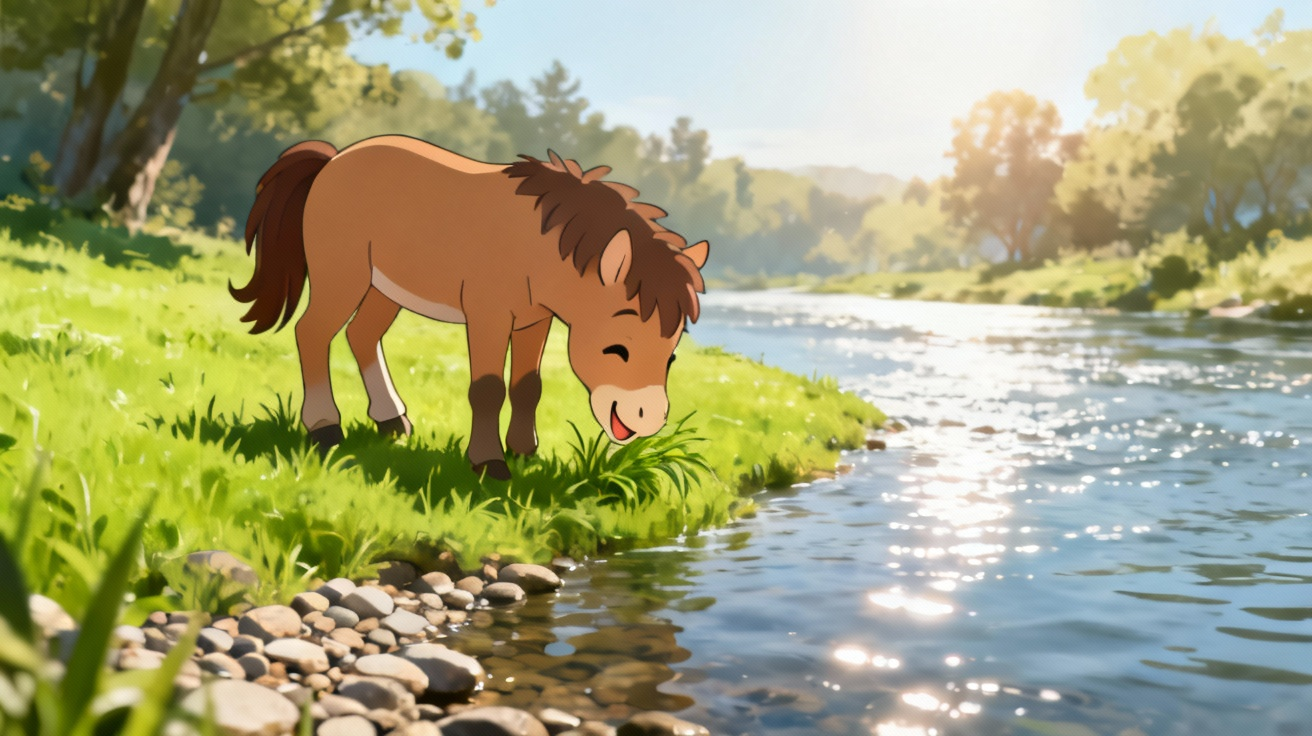 小马成功过河后开心地在对岸吃草