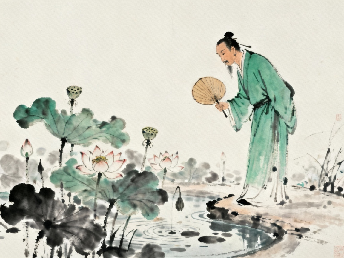 古代文人赏莲，中国传统水墨画风格，文雅清净