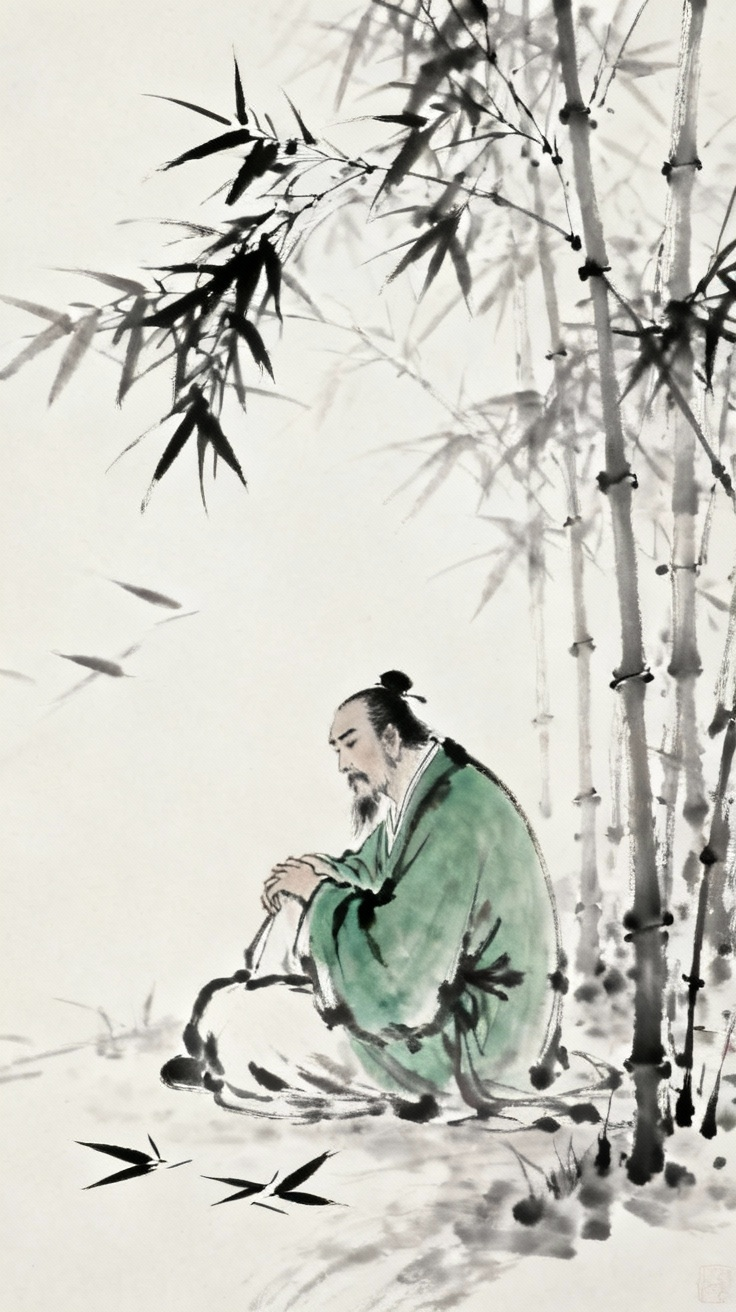古代文人在竹林中沉思的场景