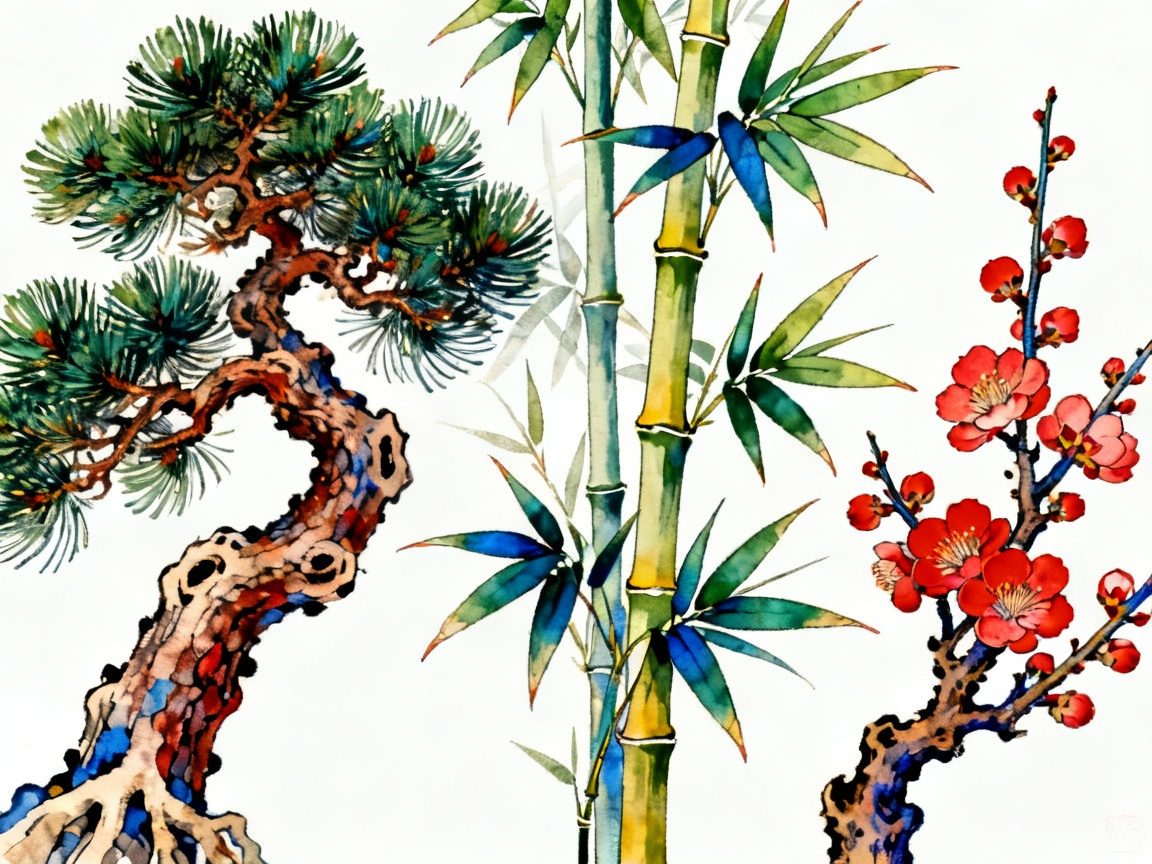 松树竹子梅花等植物特写组合，展现不同植物的精神品质，为仿写提供参考