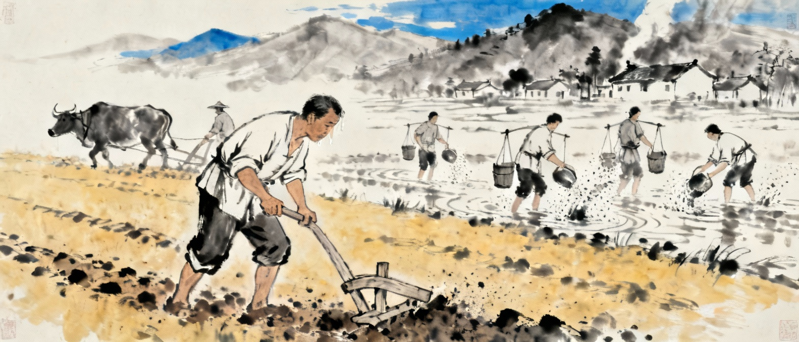 农民辛苦劳作的全景图