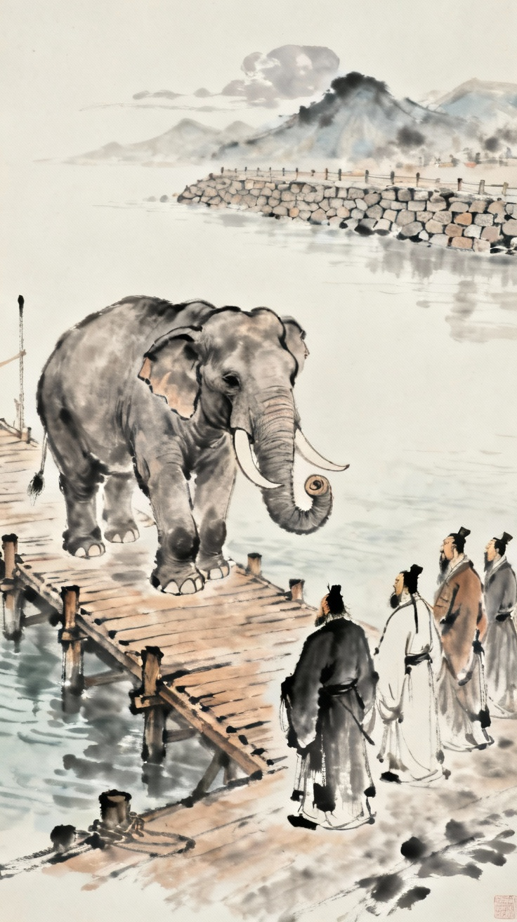 中国古代码头，曹操和大臣们围观一头巨大的大象，传统水墨画风格