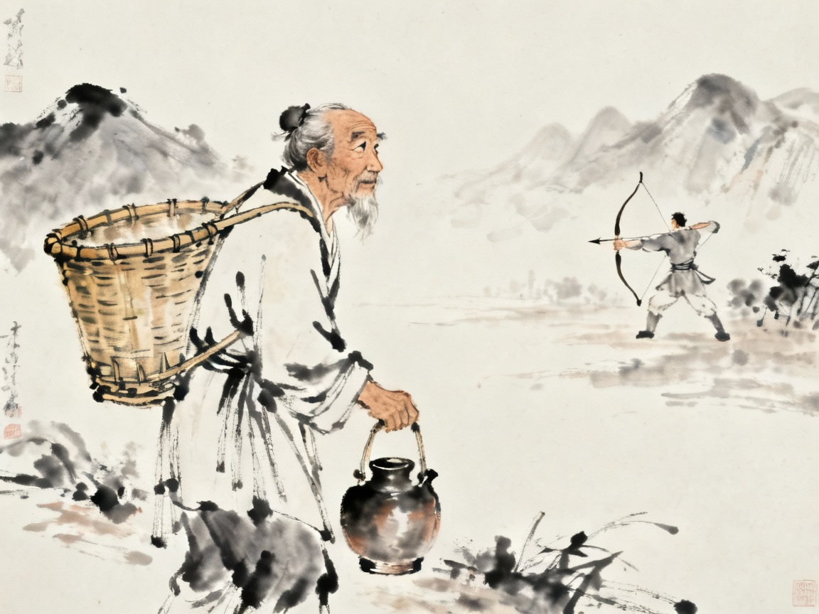 卖油老翁挑着担子路过观看射箭