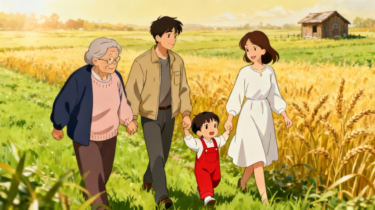 温馨家庭散步场景