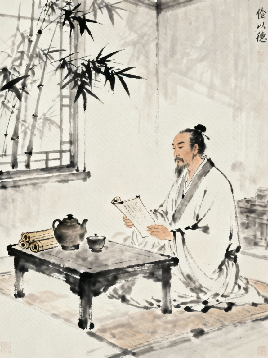 古代贤士在简朴居室中修身养性的场景