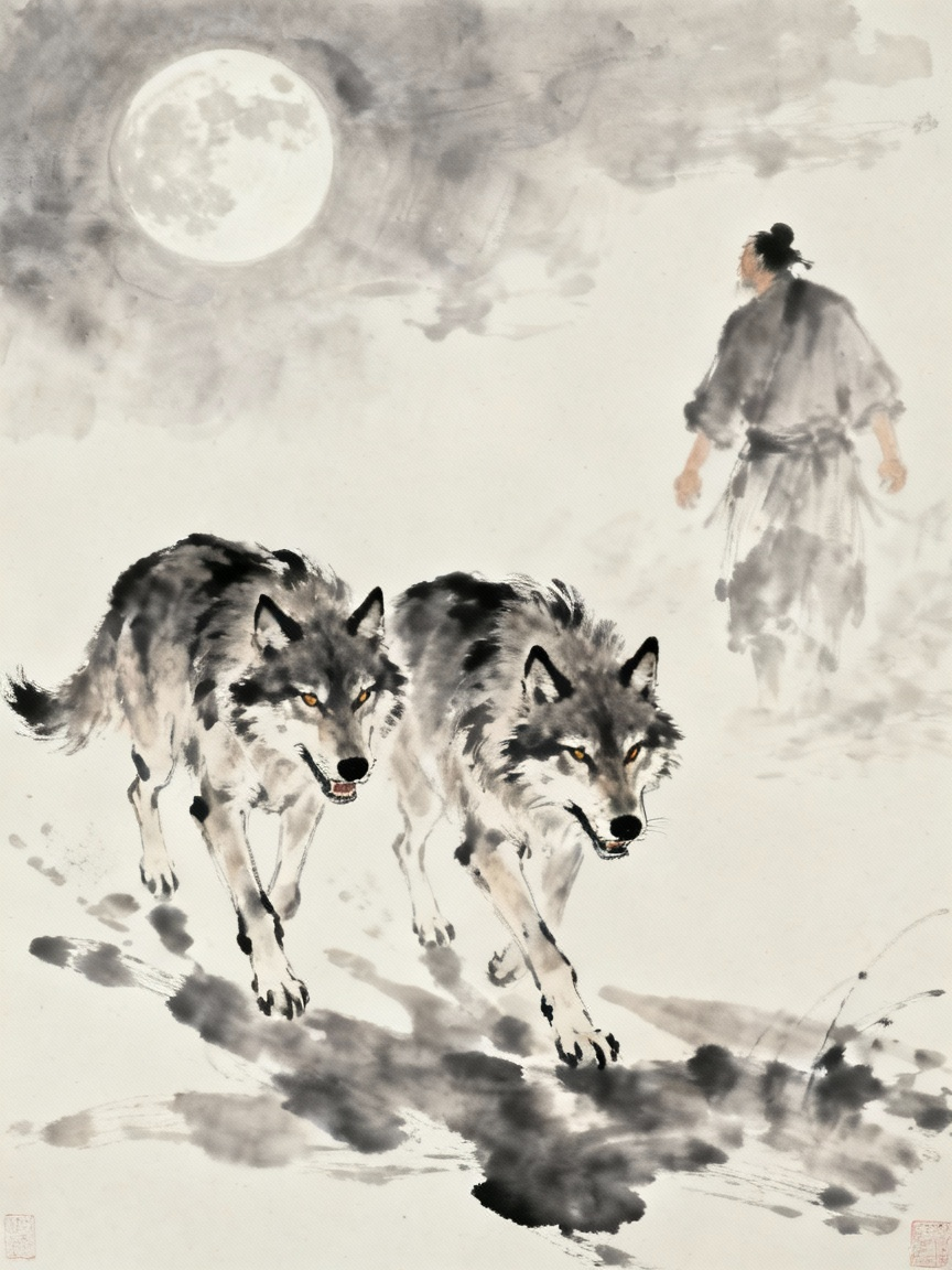 两只狼在月夜下跟随屠户，眼神凶狠
