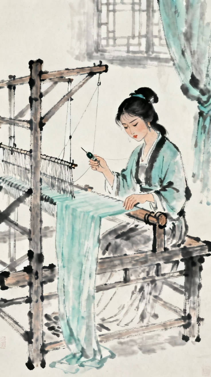 古代女子木兰在织布机前织布叹息的场景