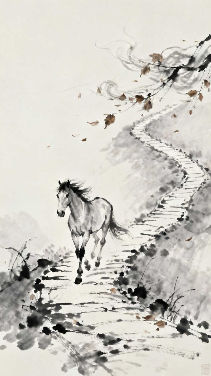 古道上西风中的瘦马独行