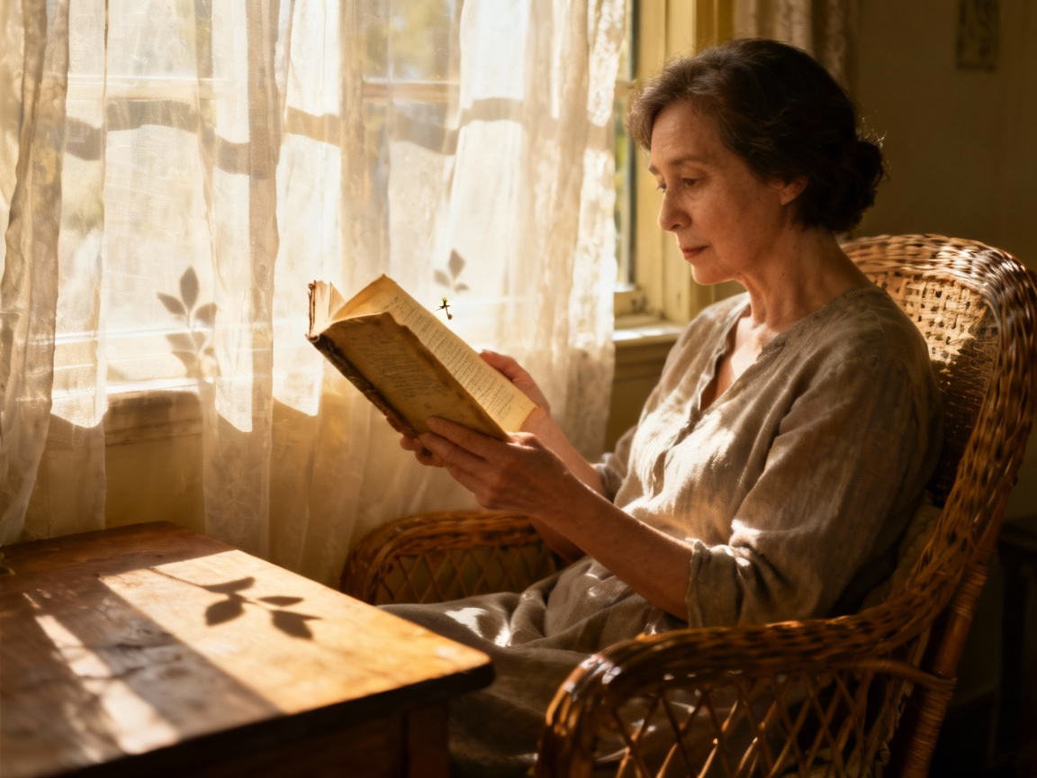 母亲读书时书页上有小小影子