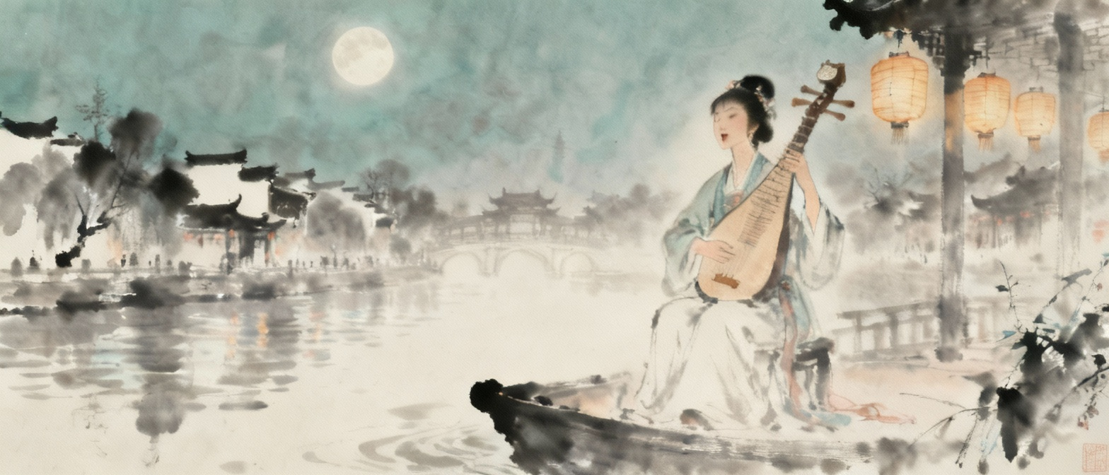 歌女在对岸唱歌的场景，古代服饰，秦淮河夜色