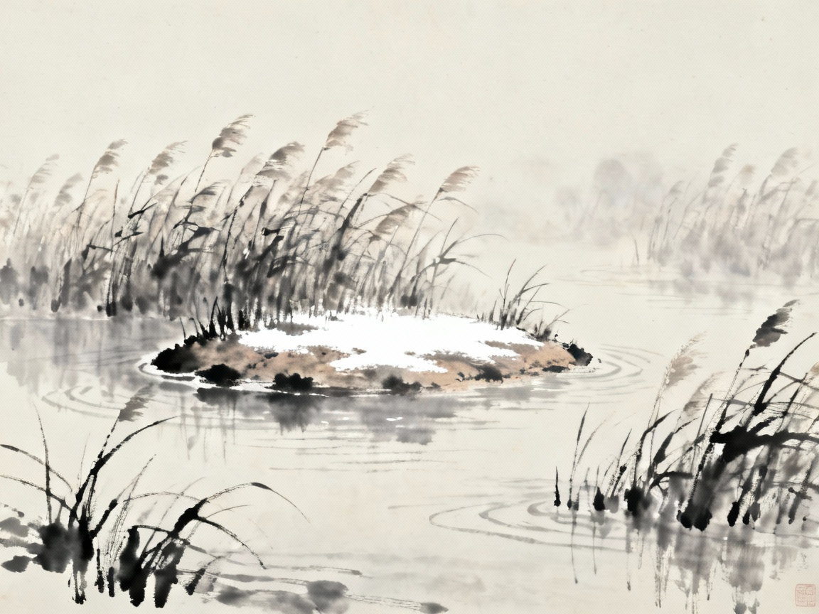 河水中央小洲，芦苇环绕，白露未干，诗意朦胧的水墨画