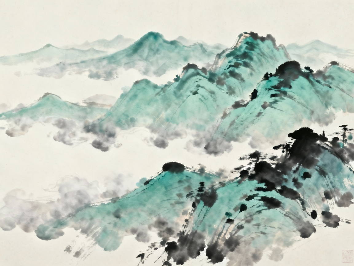 齐鲁大地青山连绵不断的景象，传统水墨画风格，青色山峦层叠