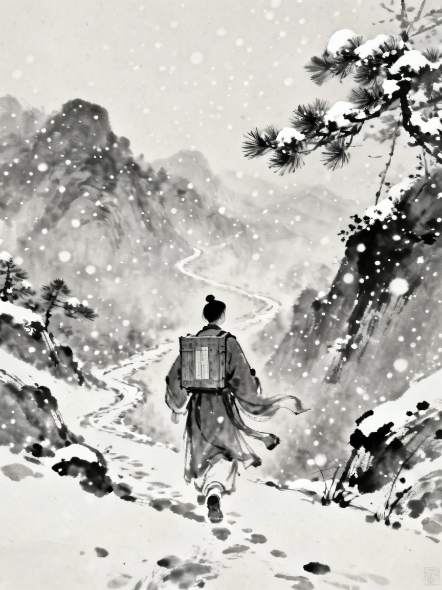 古代学生背着书箱在深山中跋涉