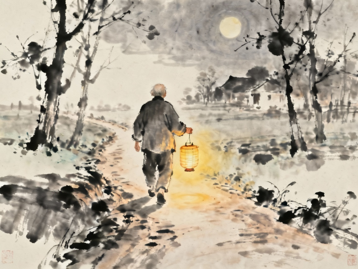 祖父夜晚提着灯笼行走