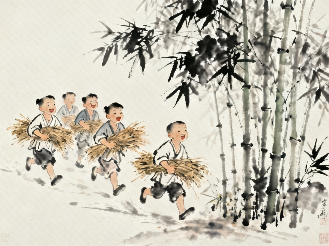 南村群童抱茅草跑向竹林的场景
