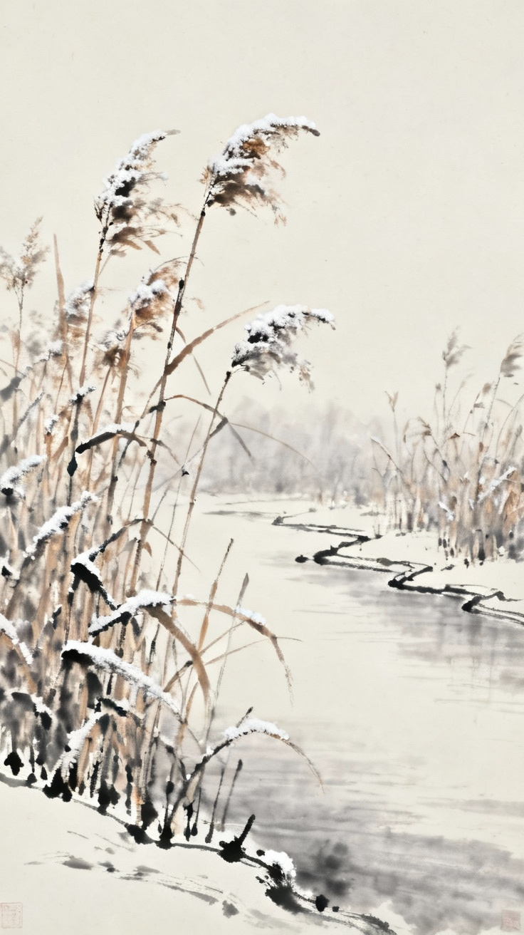 秋日河边芦苇丛生，白露凝霜，中国传统水墨画风格