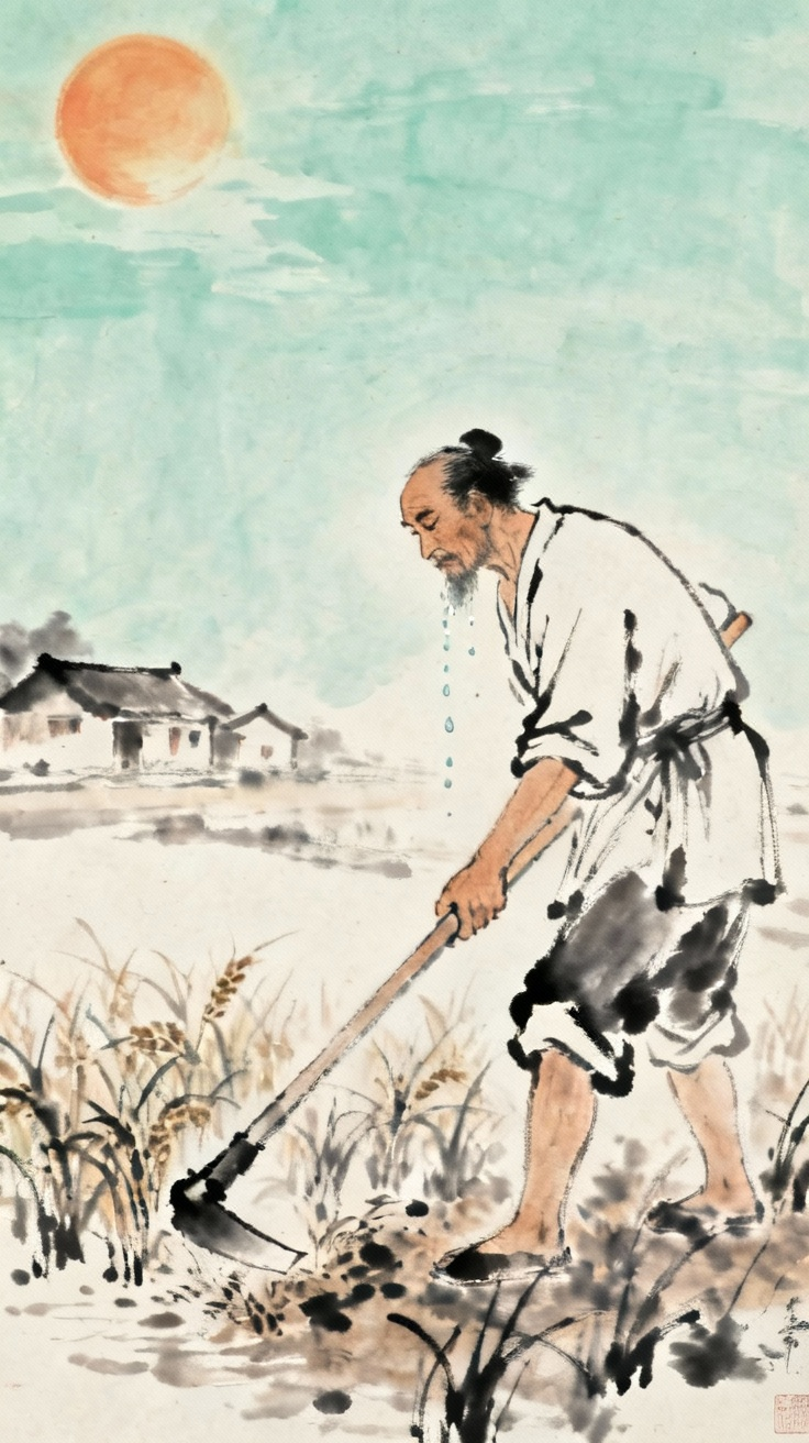 烈日当空下农民锄禾的场景