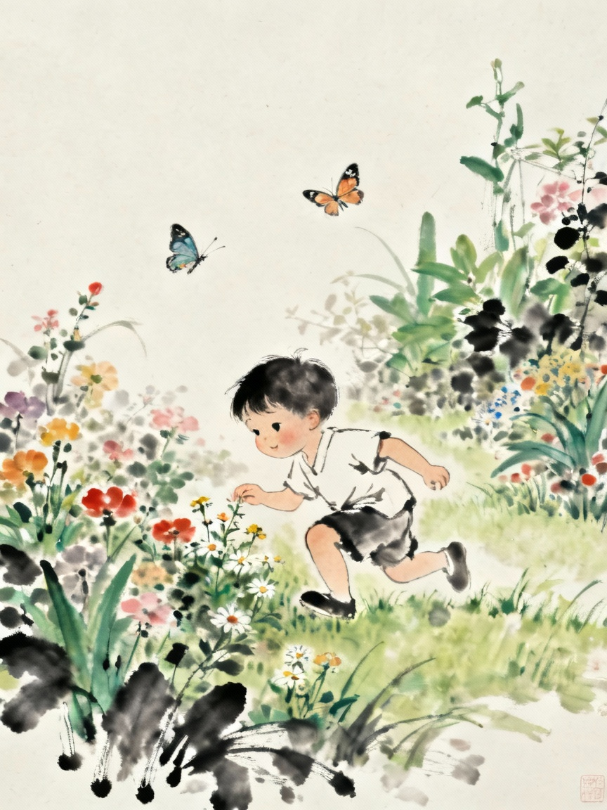 孩子独自在花园玩耍