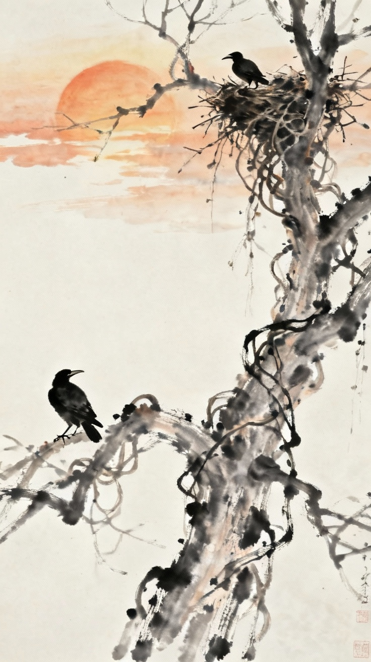 枯藤缠绕的老树上栖息着黄昏归巢的乌鸦