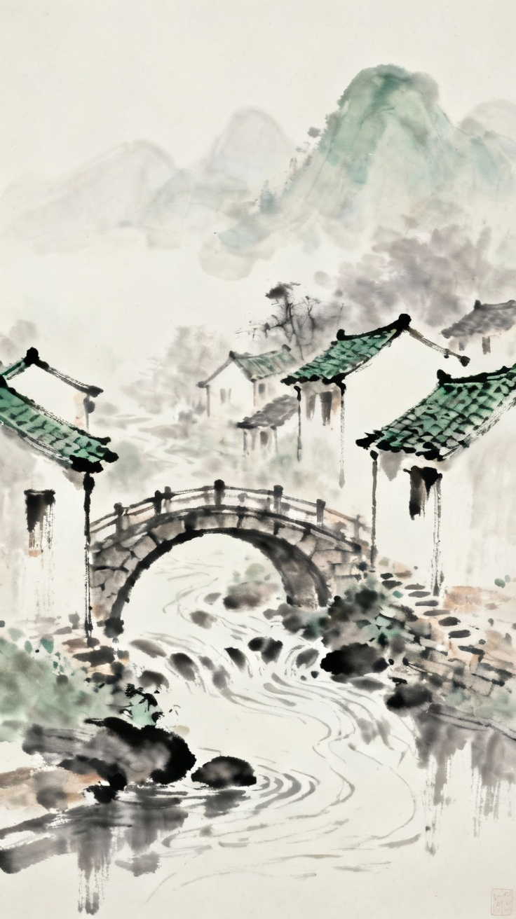 小桥流水人家的宁静村落景象