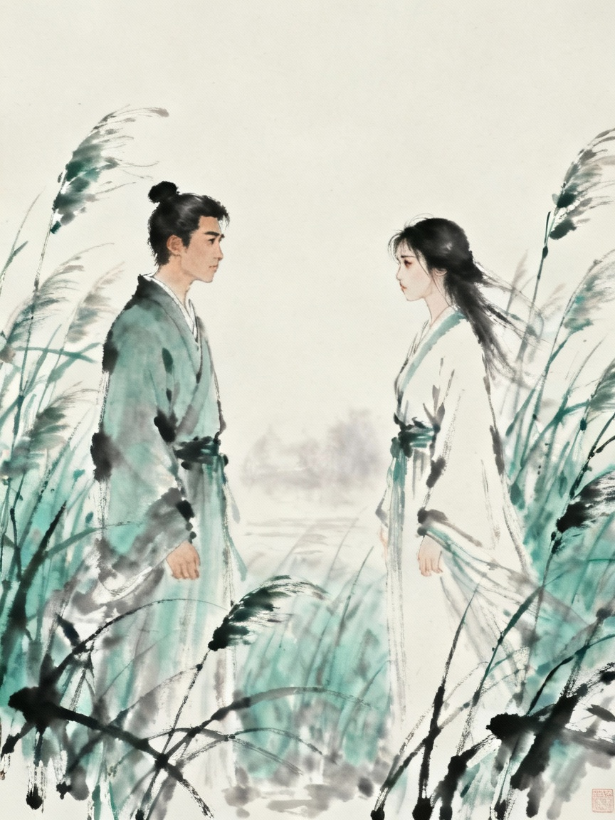 男女相望不得相见的惆怅意境，芦苇丛中，水墨画风格