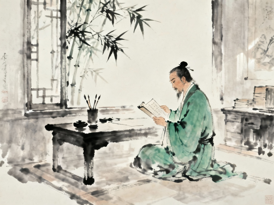 古代文人在幽静书房中静心读书的场景