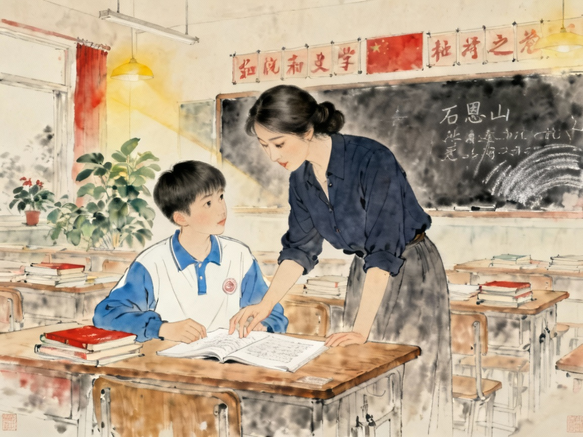 生活中师生关怀场景，老师耐心辅导学生，温馨的教室环境，体现师恩如山