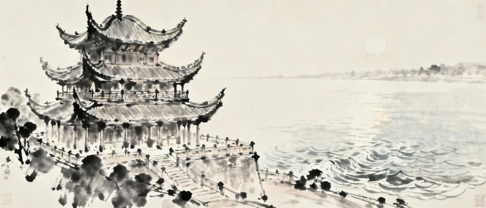 岳阳楼雄伟建筑，洞庭湖浩瀚景象