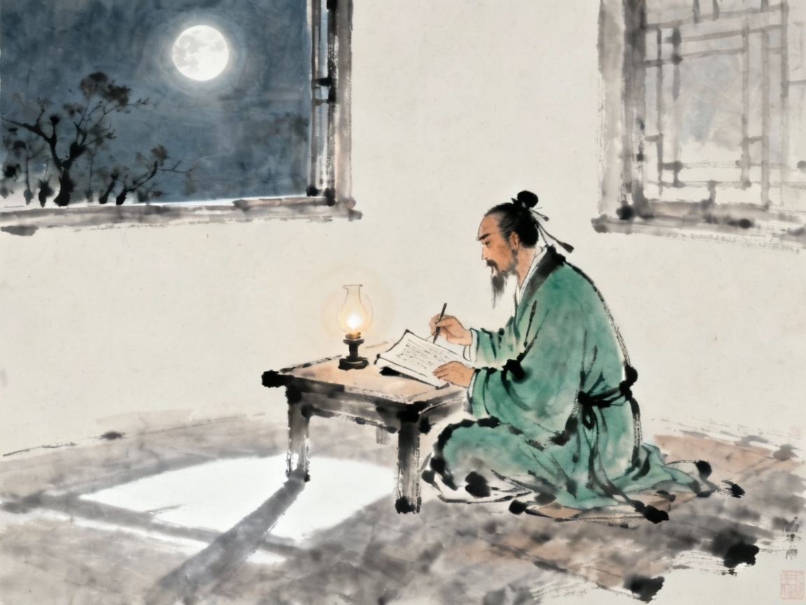 古代学者在月夜下苦读的场景