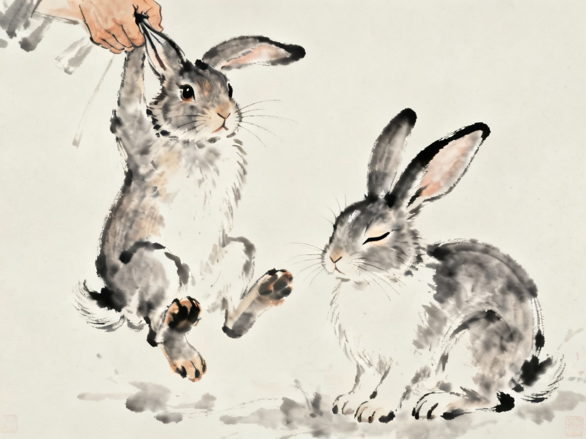 两只兔子的对比场景，左边雄兔被抓住耳朵提起来脚乱晃，右边雌兔眼睛眯着，中国传统水墨画风格