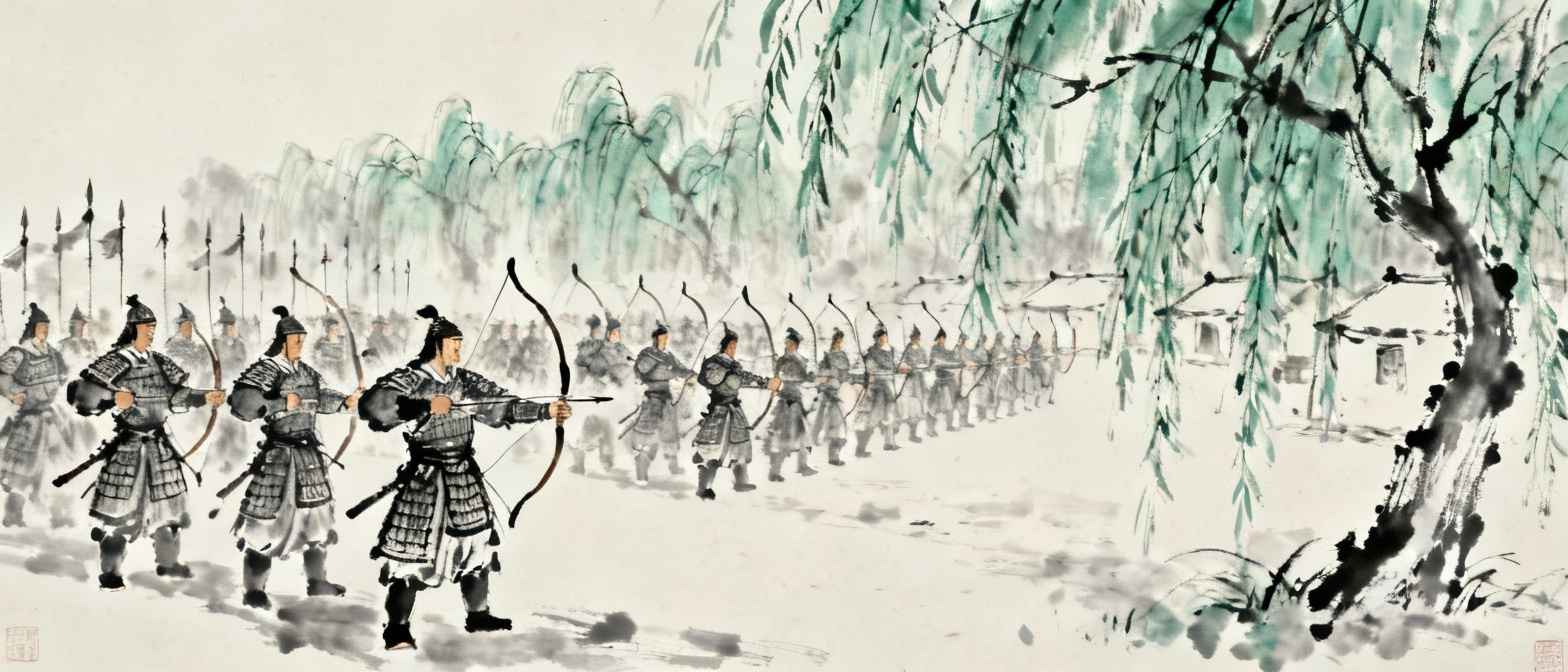 细柳军营严整景象，士兵披甲持兵，弓弩满张