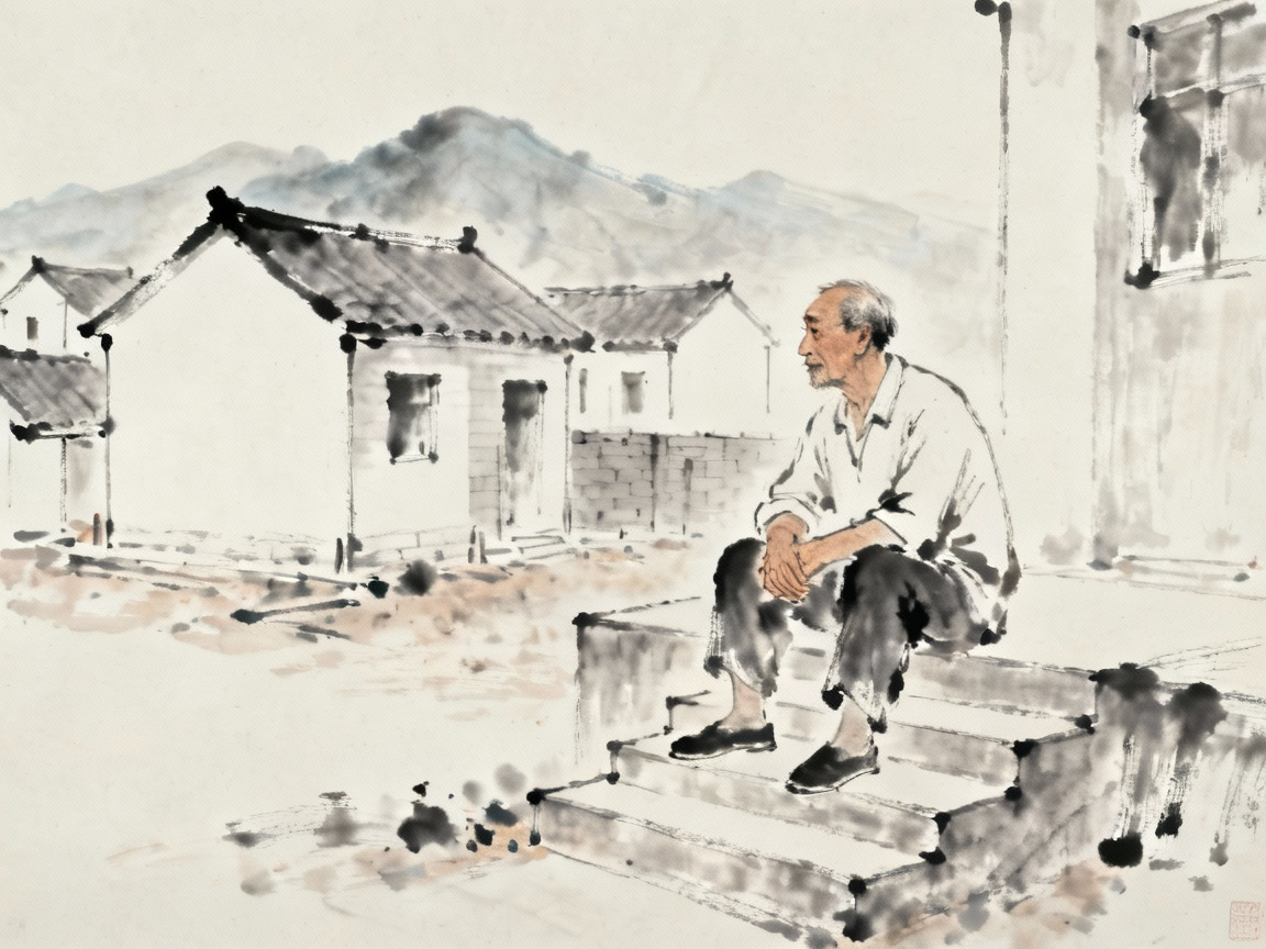 父亲坐在新台阶上不自在